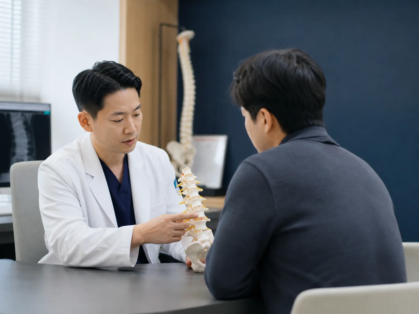 척추 모형을 활용해 환자에게 진료 내용을 설명하는 의료진